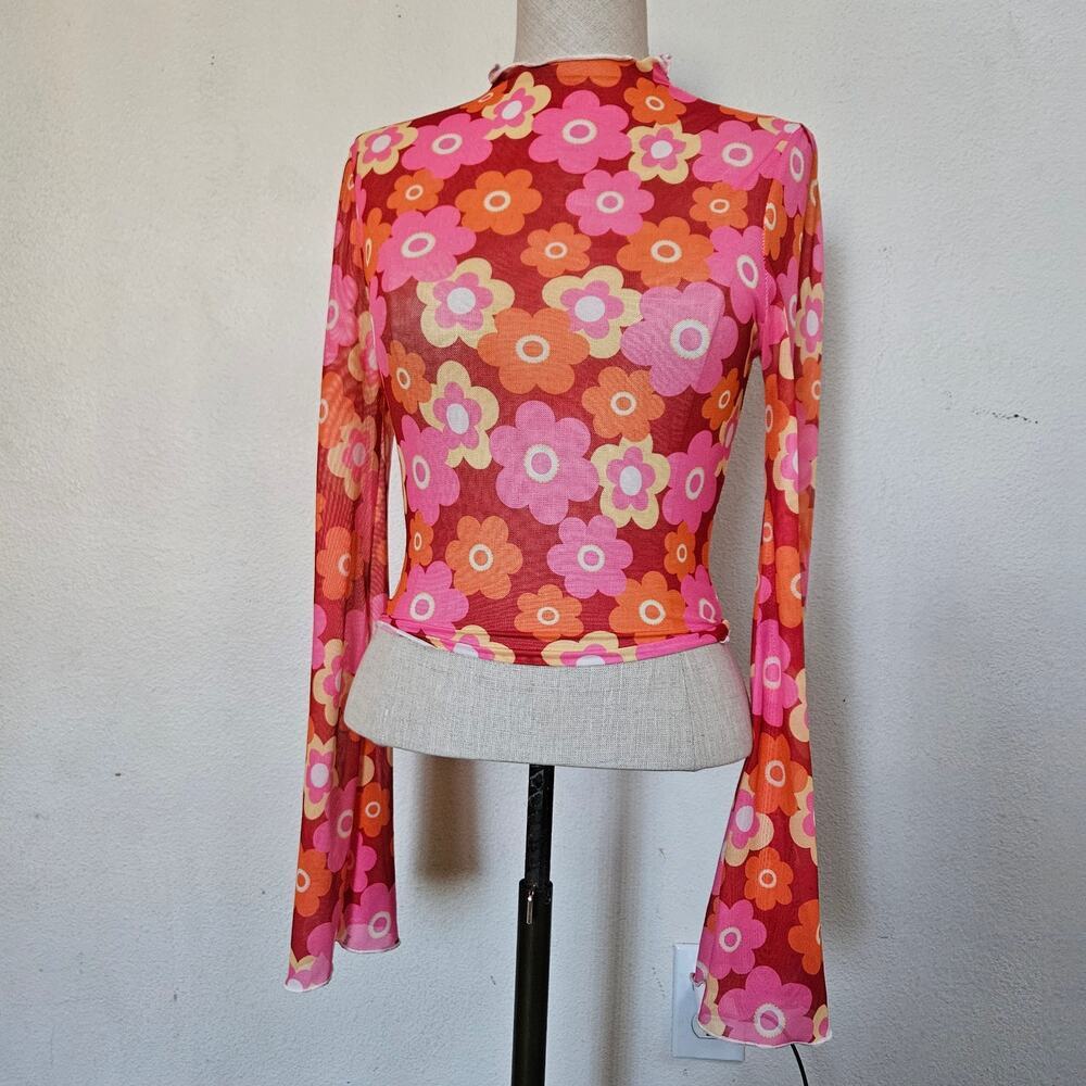 Verdusa Women's Bell Sleeve Lettuce Trim Mock Neck Floral Mesh Top XS/S
